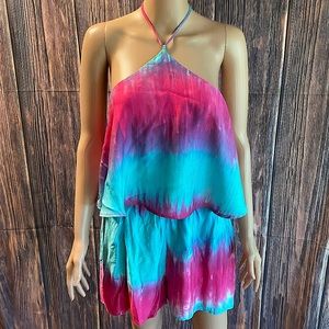 Peach Love size Large NWT pink & blue tie dye halter top with pocket boho
